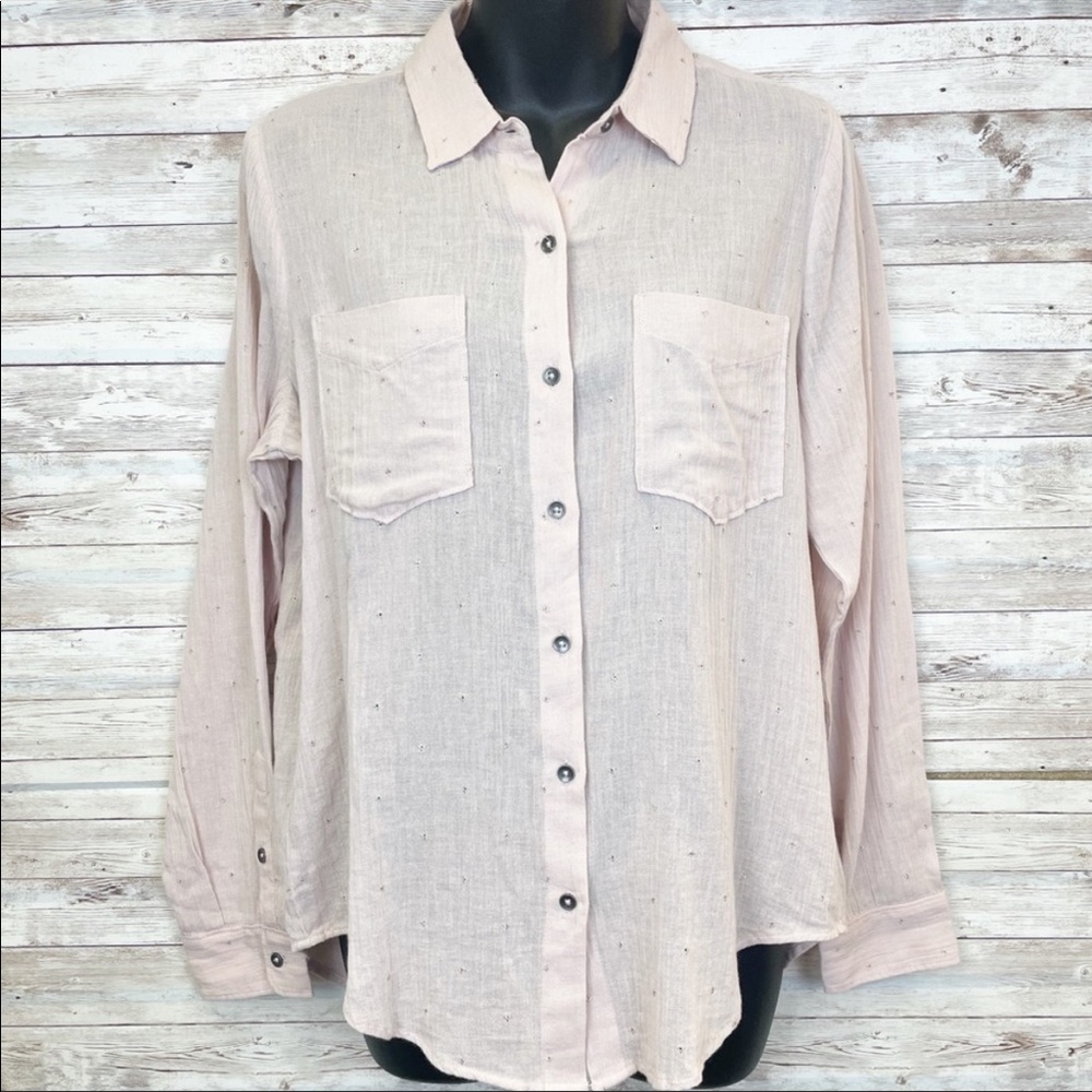 Lucky Brand Blush Pink Button Up Long Sleeve Collar Top w/ Gold Embroidery Stars